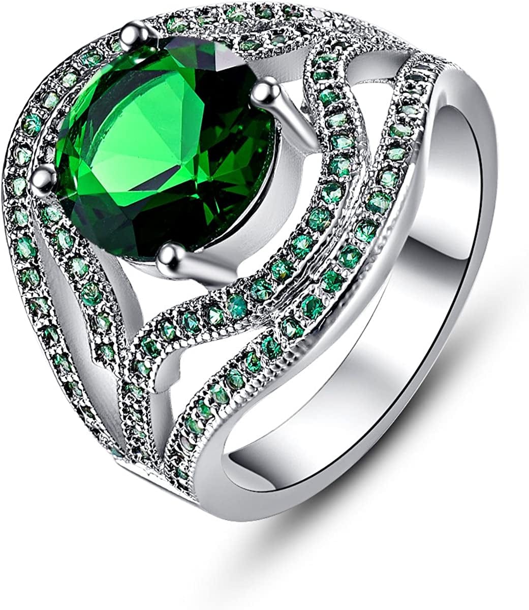 925 Sterling Silver Created Blue Sapphire Filled Double Halo Split Shank Band Ring B-Dark Green / 9