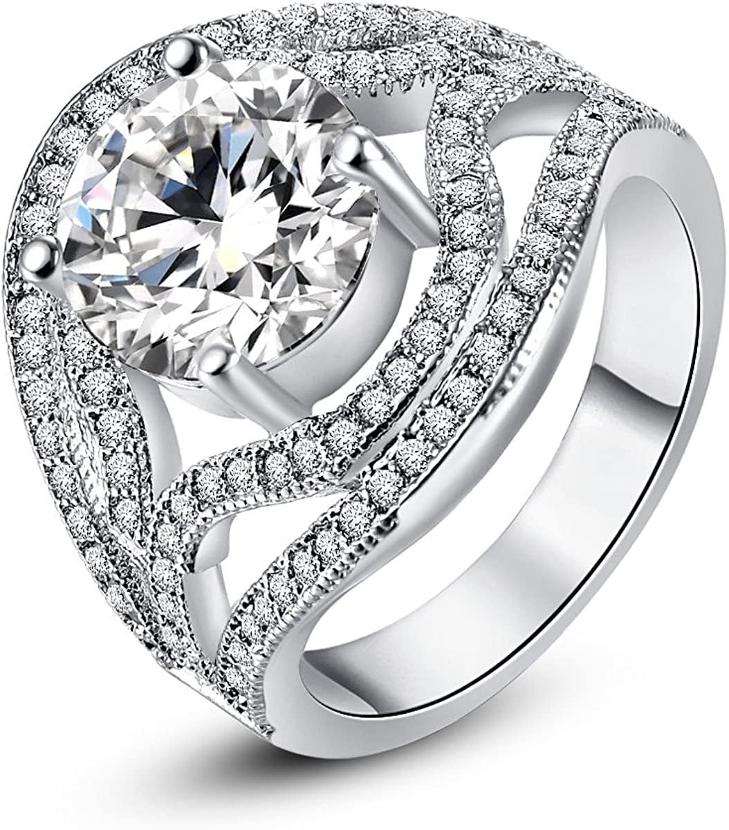 925 Sterling Silver Created Blue Sapphire Filled Double Halo Split Shank Band Ring B-White / 9