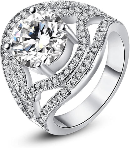 925 Sterling Silver Created Blue Sapphire Filled Double Halo Split Shank Band Ring B-White / 9