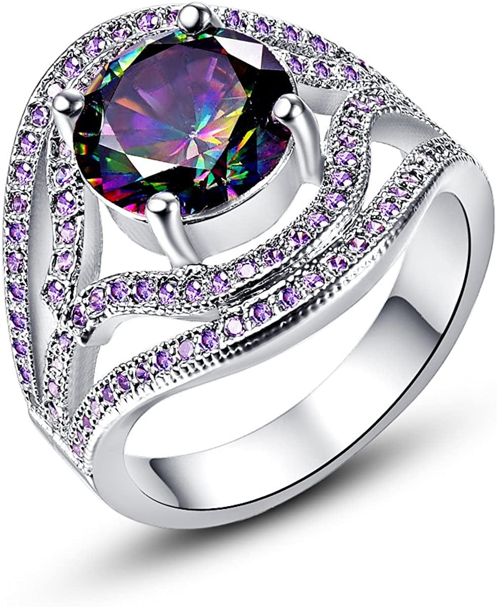 925 Sterling Silver Created Blue Sapphire Filled Double Halo Split Shank Band Ring B-Rainbow / 10