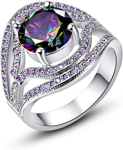 925 Sterling Silver Created Blue Sapphire Filled Double Halo Split Shank Band Ring B-Rainbow / 10