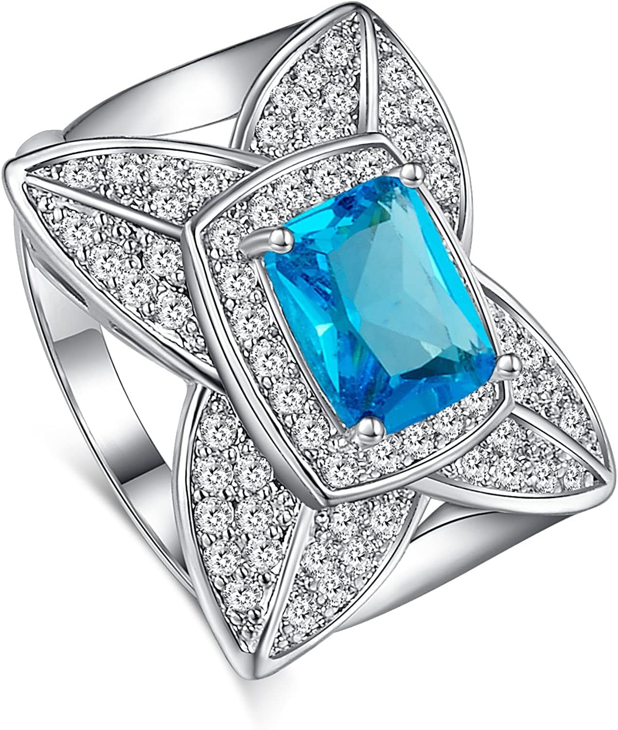 925 Sterling Silver Created Blue Sapphire Filled Double Halo Split Shank Band Ring C-Yellow / 6