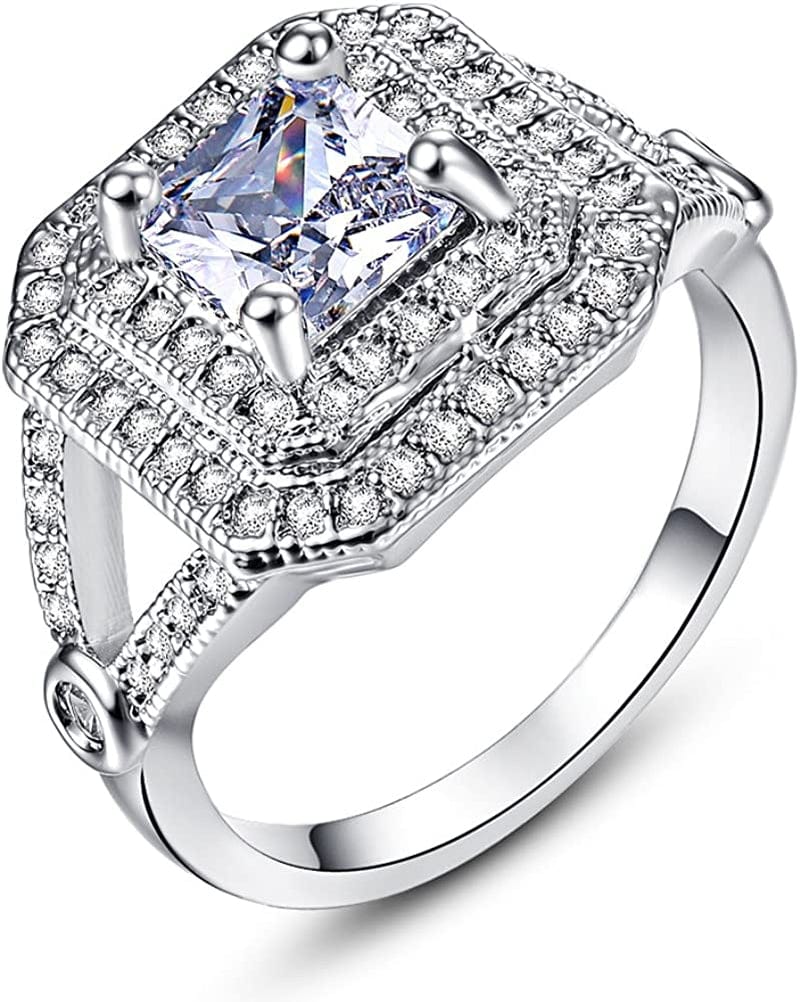 925 Sterling Silver Created Blue Sapphire Filled Double Halo Split Shank Band Ring White / 10