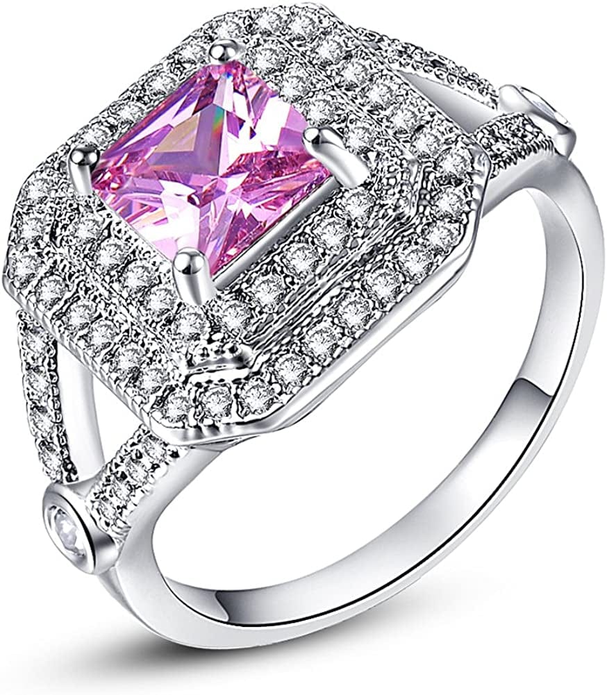925 Sterling Silver Created Blue Sapphire Filled Double Halo Split Shank Band Ring Pink / 10