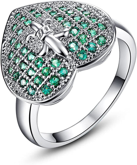 925 Sterling Silver Created Blue Sapphire Filled Double Halo Split Shank Band Ring D-Green / 6