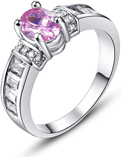 925 Sterling Silver Created Rainbow Topaz Filled Engagement Ring Pink & White / 10