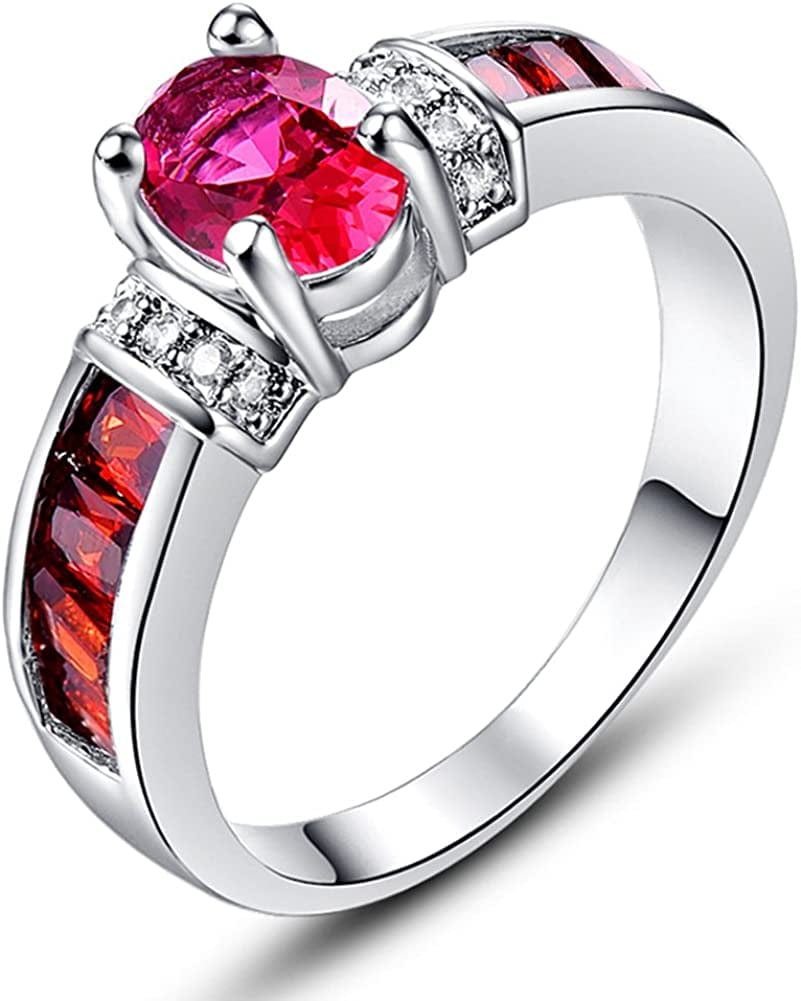 925 Sterling Silver Created Rainbow Topaz Filled Engagement Ring Red / 10
