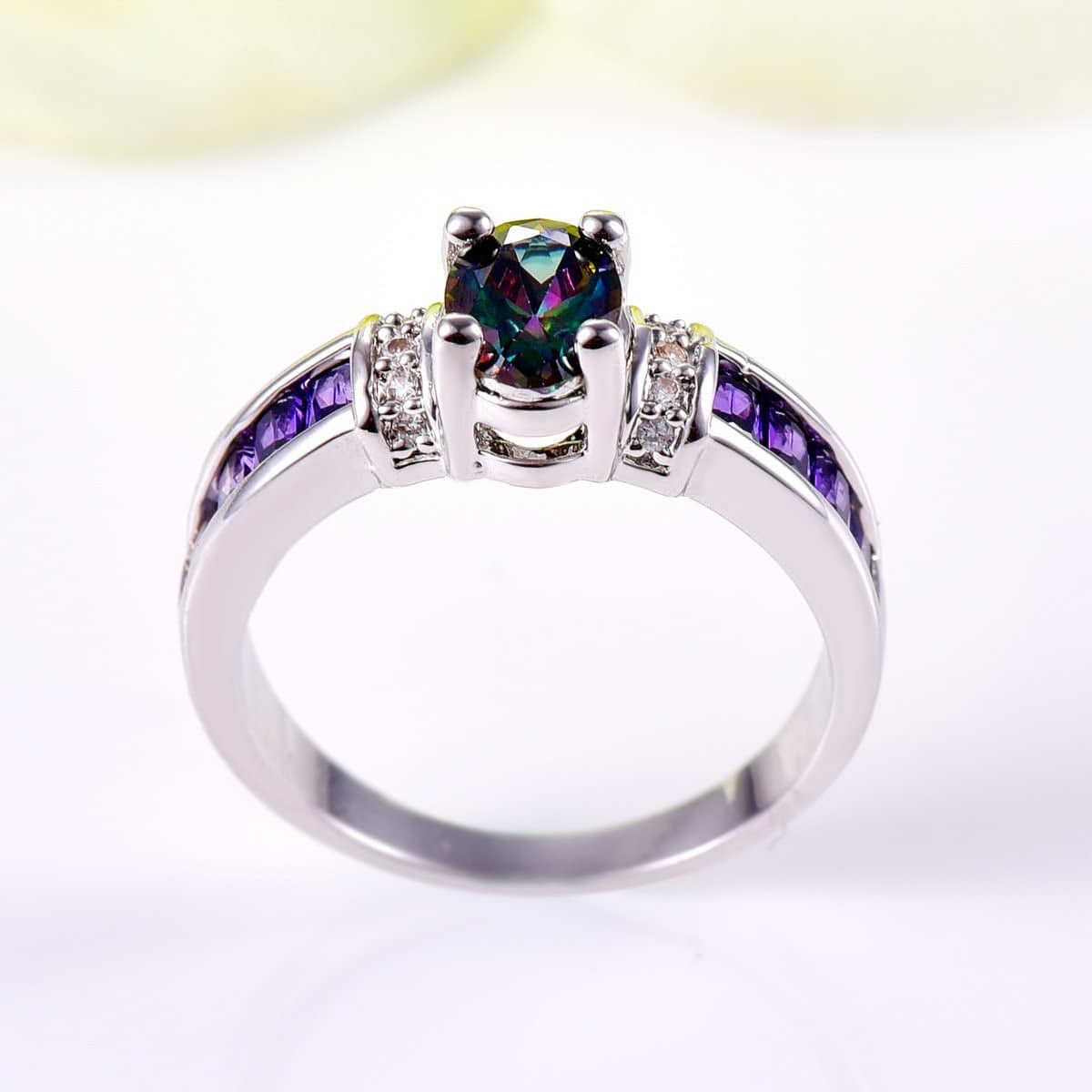 925 Sterling Silver Created Rainbow Topaz Filled Engagement Ring