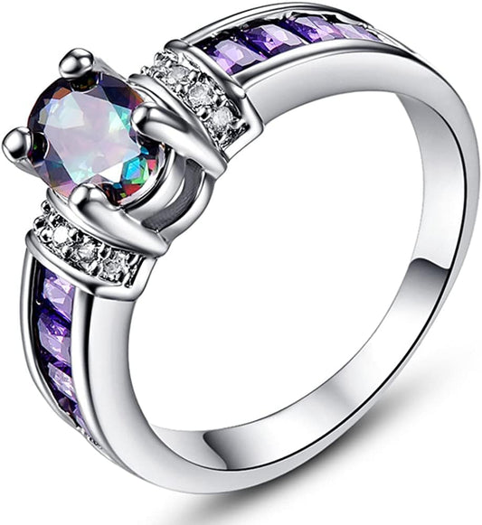 925 Sterling Silver Created Rainbow Topaz Filled Engagement Ring Rainbow & Purple / 12