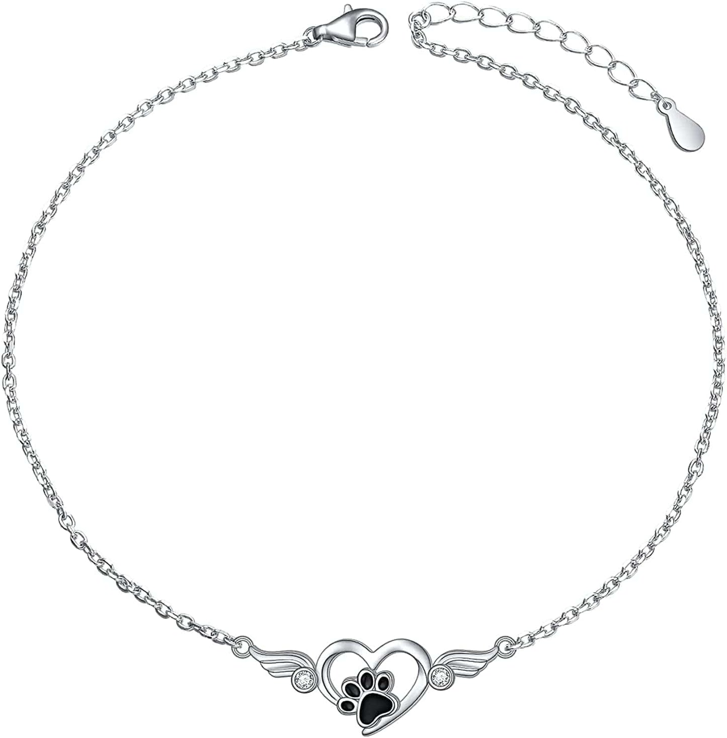 925 Sterling Silver Cute Paw Print Forever Love Heart Pendant Necklace/Bracelet/Stud Earrings Gift for Women Teen Girls, Box Chain 18" Paw Anklet