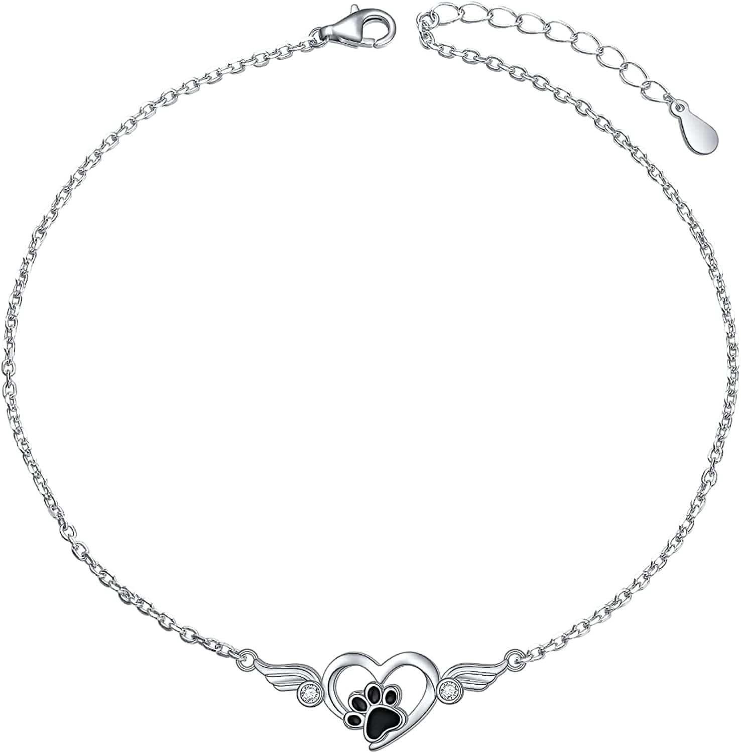 925 Sterling Silver Cute Paw Print Forever Love Heart Pendant Necklace/Bracelet/Stud Earrings Gift for Women Teen Girls, Box Chain 18" Paw Anklet