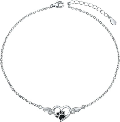 925 Sterling Silver Cute Paw Print Forever Love Heart Pendant Necklace/Bracelet/Stud Earrings Gift for Women Teen Girls, Box Chain 18" Paw Anklet