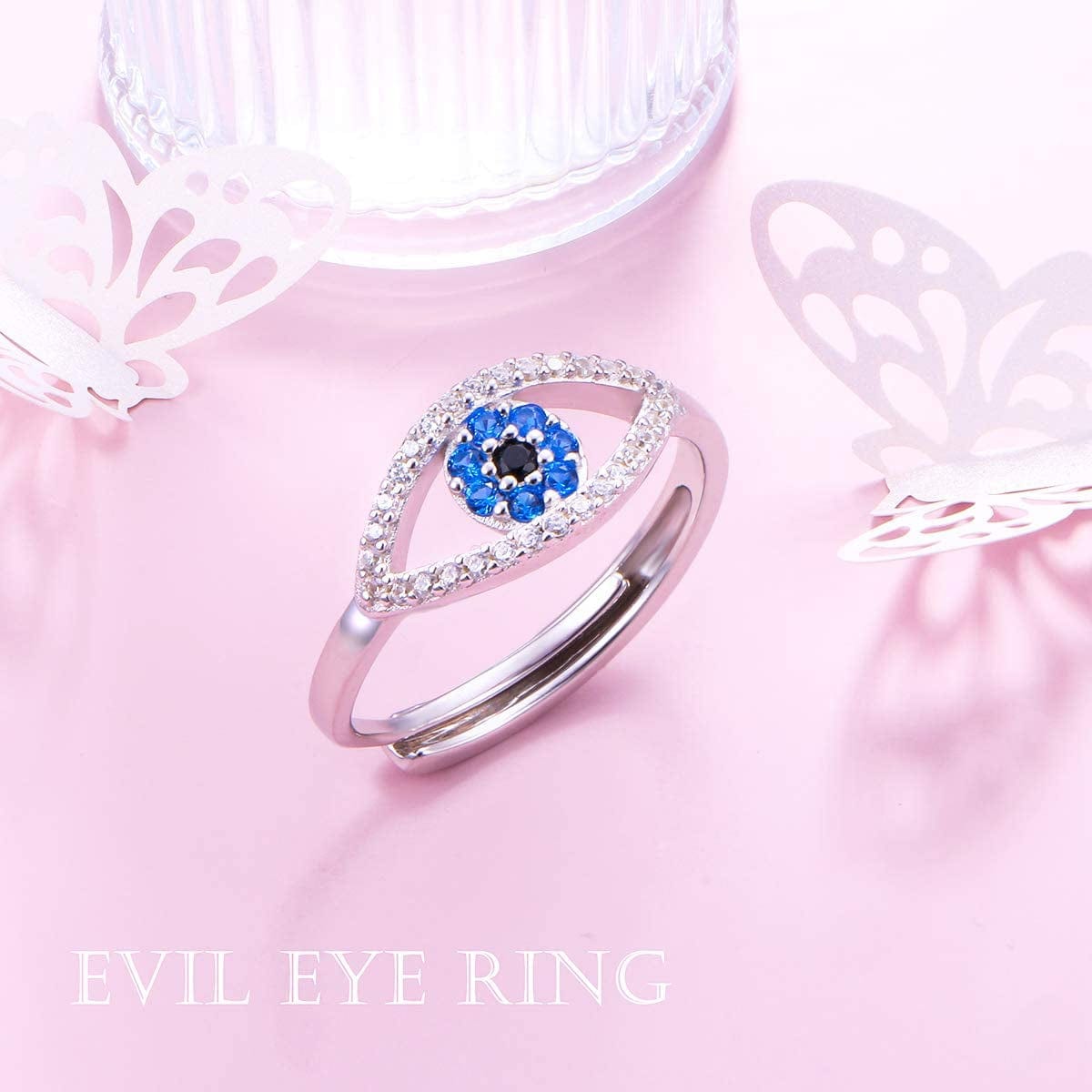 925 Sterling Silver Evil Eye Ring for Women Blue & Black CZ High Polish Eye Rings Good Luck Jewelry Adjustable Size 7-9