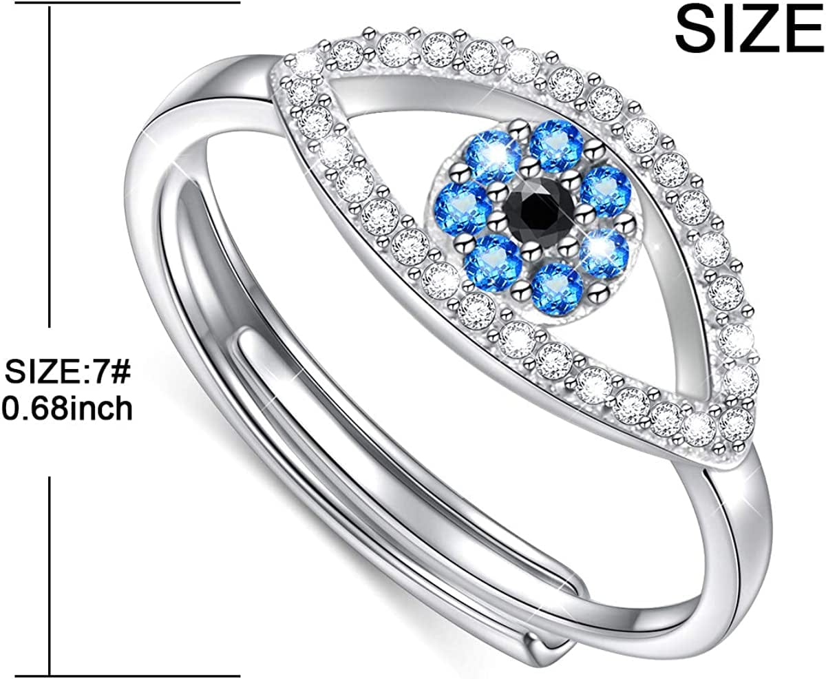 925 Sterling Silver Evil Eye Ring for Women Blue & Black CZ High Polish Eye Rings Good Luck Jewelry Adjustable Size 7-9