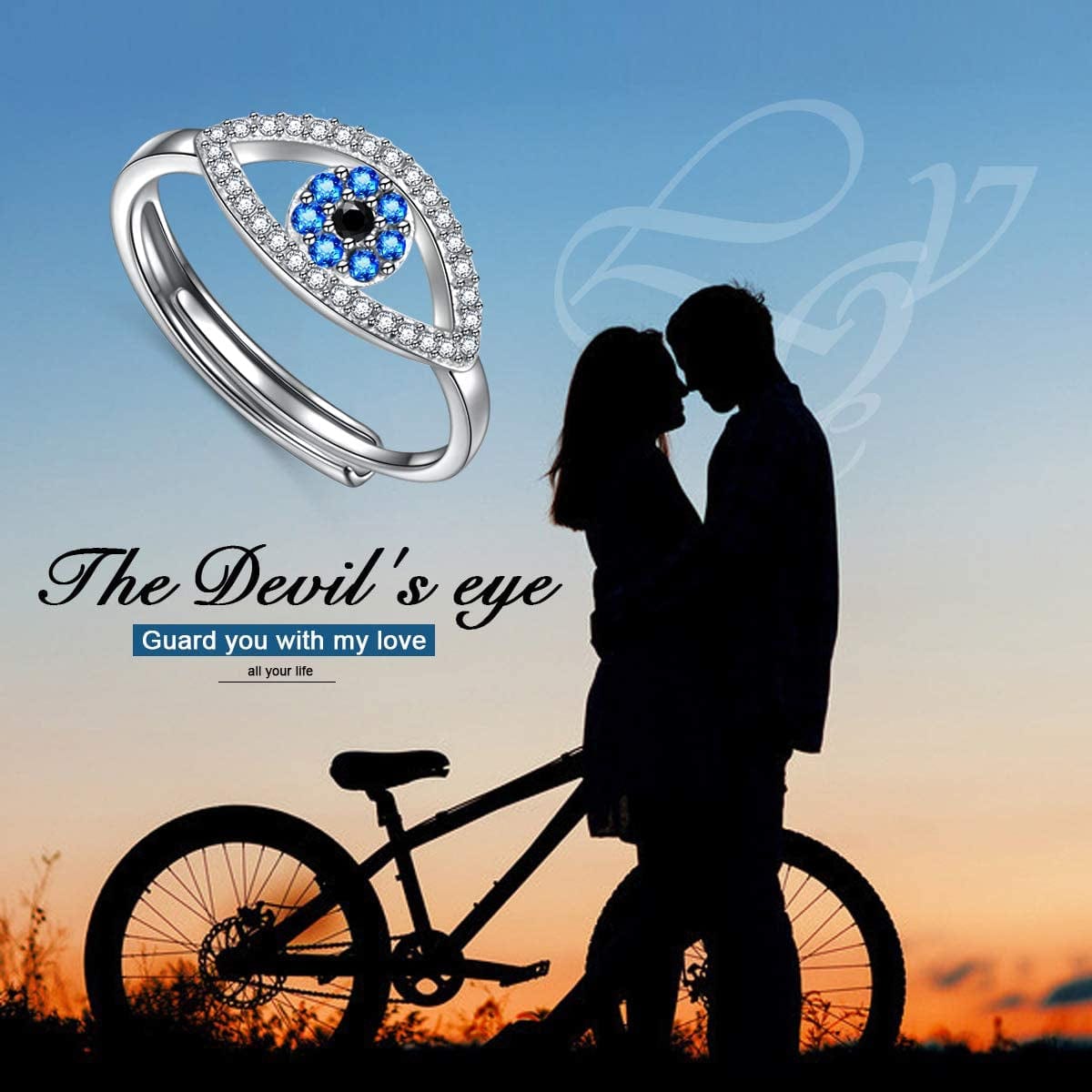 925 Sterling Silver Evil Eye Ring for Women Blue & Black CZ High Polish Eye Rings Good Luck Jewelry Adjustable Size 7-9