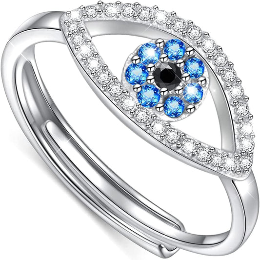 925 Sterling Silver Evil Eye Ring for Women Blue & Black CZ High Polish Eye Rings Good Luck Jewelry Adjustable Size 7-9 7