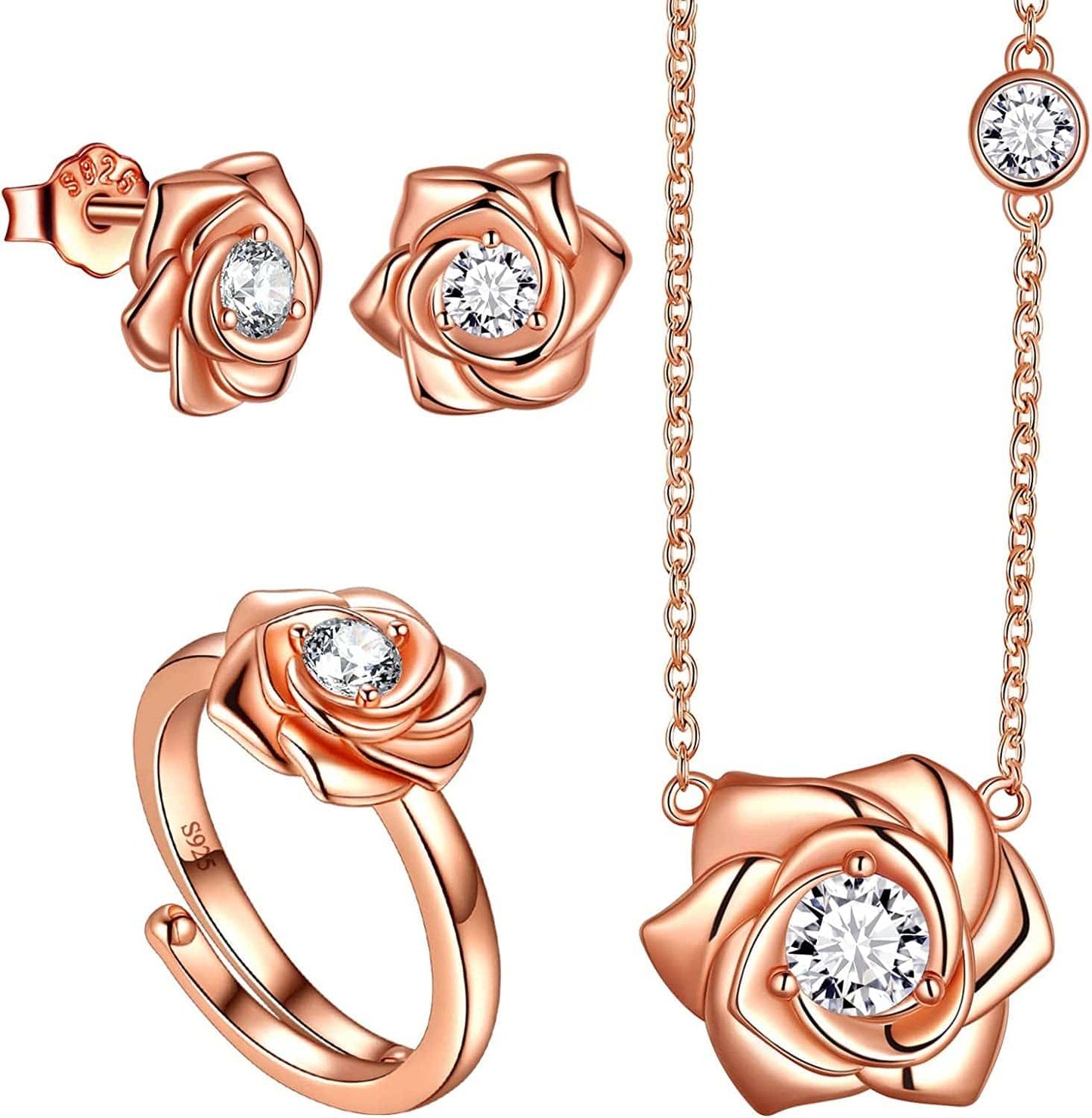 925 Sterling Silver Flower Rose Ring Fine Jewelry Gift for Women Rose Flower Stud Earrings Disney Beauty Rose Necklace Hypoallergenic Stud Elegant Rose Jewelry Gift for Women Girls Birthday Christmas Gift Wedding Bridesmaid Gift L, Earrings Necklace Ring Set Rose