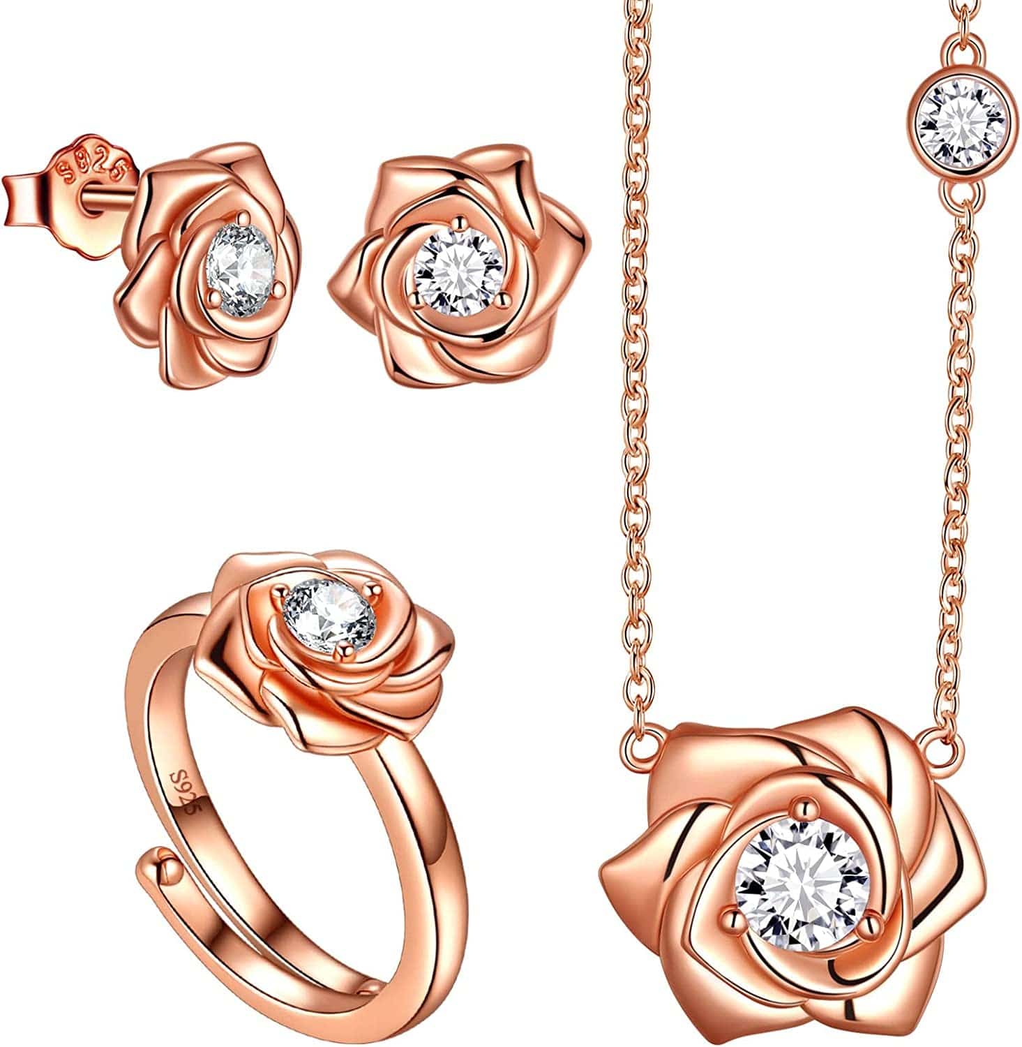 925 Sterling Silver Flower Rose Ring Fine Jewelry Gift for Women Rose Flower Stud Earrings Disney Beauty Rose Necklace Hypoallergenic Stud Elegant Rose Jewelry Gift for Women Girls Birthday Christmas Gift Wedding Bridesmaid Gift L, Earrings Necklace Ring Set Rose