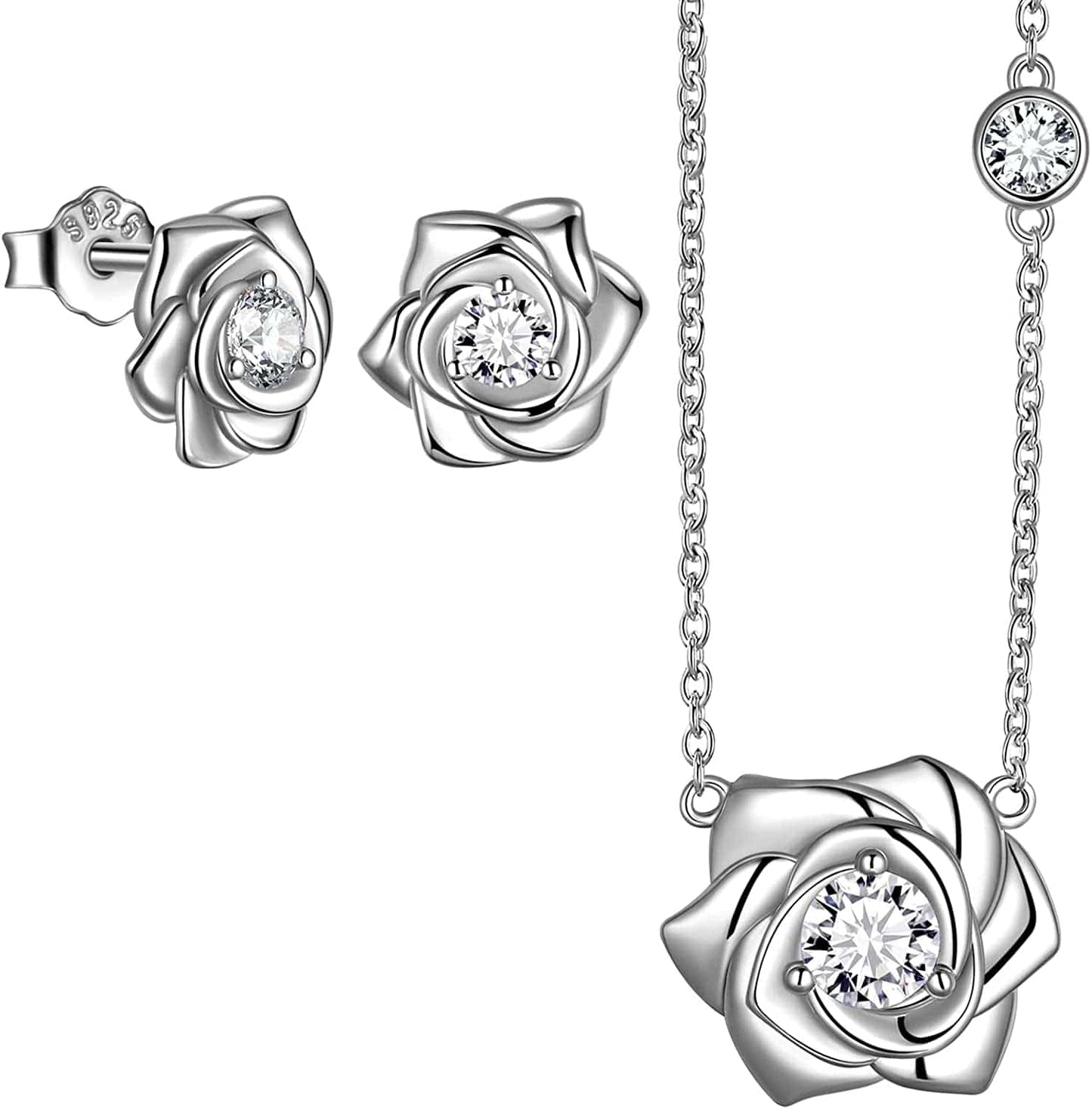 925 Sterling Silver Flower Rose Ring Fine Jewelry Gift for Women Rose Flower Stud Earrings Disney Beauty Rose Necklace Hypoallergenic Stud Elegant Rose Jewelry Gift for Women Girls Birthday Christmas Gift Wedding Bridesmaid Gift I, Earrings Necklace Set Silver