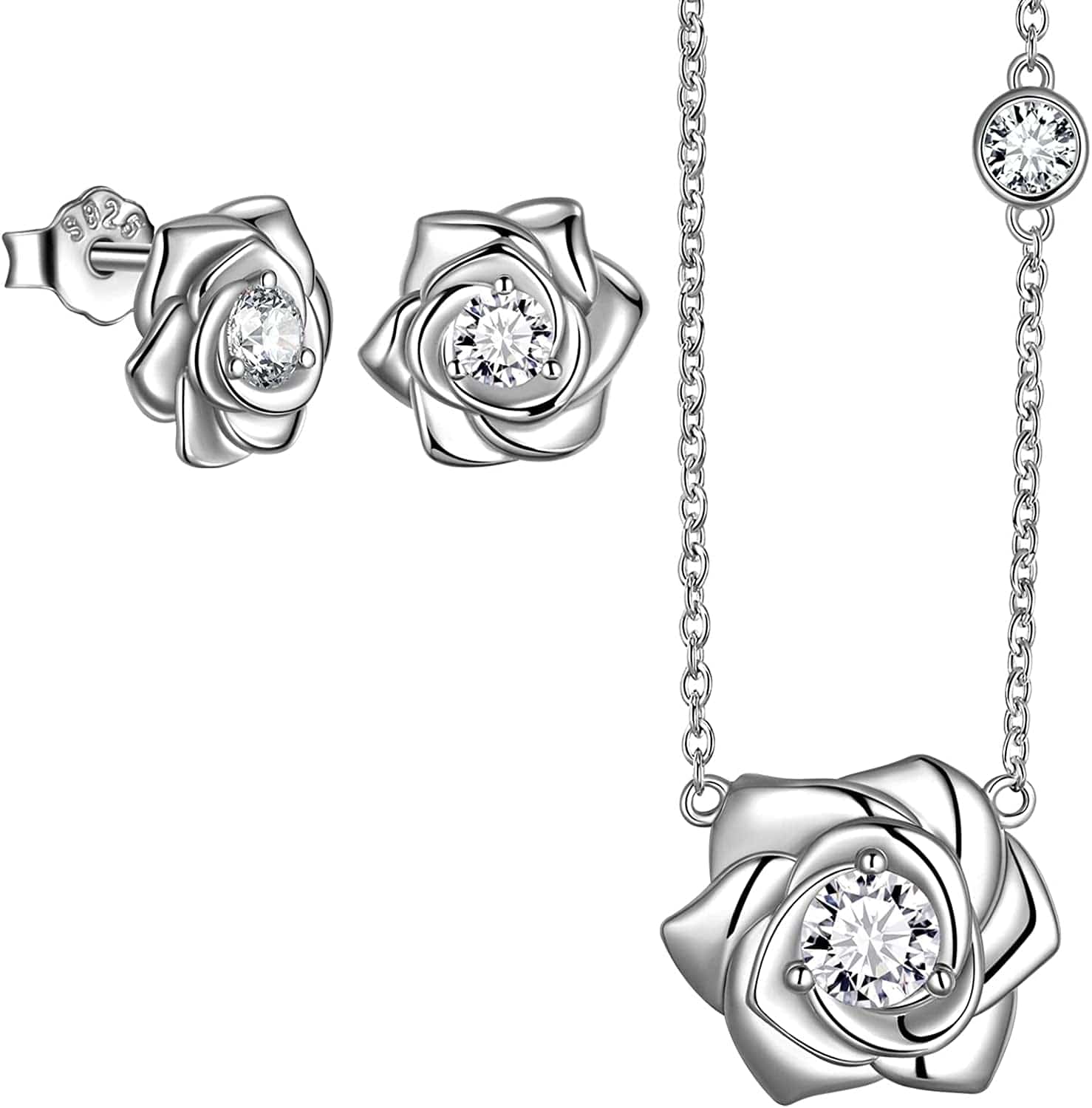 925 Sterling Silver Flower Rose Ring Fine Jewelry Gift for Women Rose Flower Stud Earrings Disney Beauty Rose Necklace Hypoallergenic Stud Elegant Rose Jewelry Gift for Women Girls Birthday Christmas Gift Wedding Bridesmaid Gift I, Earrings Necklace Set Silver