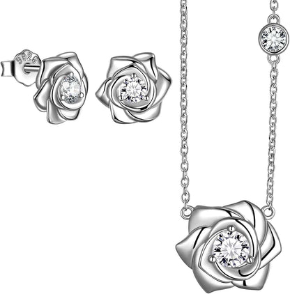 925 Sterling Silver Flower Rose Ring Fine Jewelry Gift for Women Rose Flower Stud Earrings Disney Beauty Rose Necklace Hypoallergenic Stud Elegant Rose Jewelry Gift for Women Girls Birthday Christmas Gift Wedding Bridesmaid Gift I, Earrings Necklace Set Silver