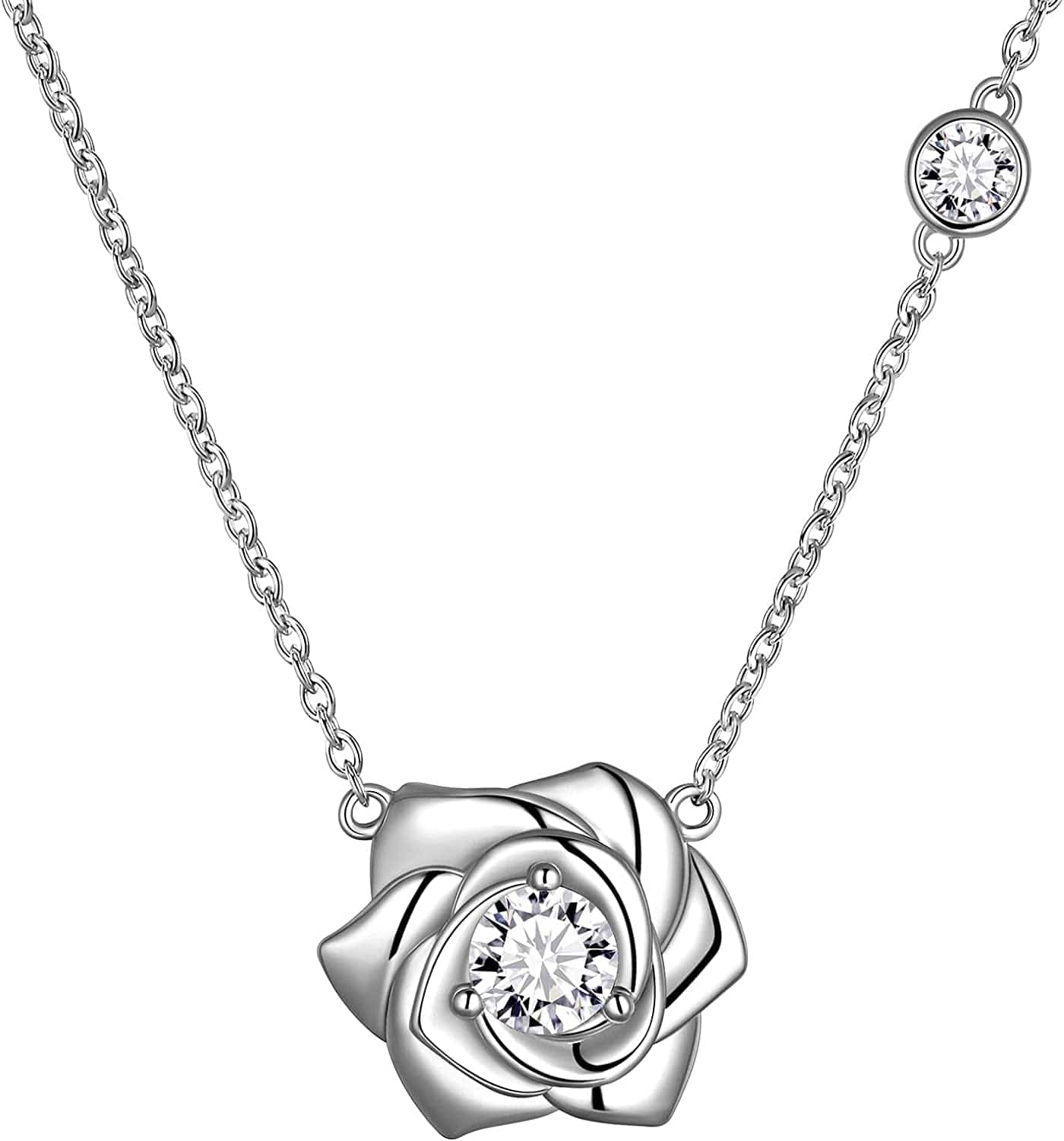 925 Sterling Silver Flower Rose Ring Fine Jewelry Gift for Women Rose Flower Stud Earrings Disney Beauty Rose Necklace Hypoallergenic Stud Elegant Rose Jewelry Gift for Women Girls Birthday Christmas Gift Wedding Bridesmaid Gift E, Ronse Necklace Silver