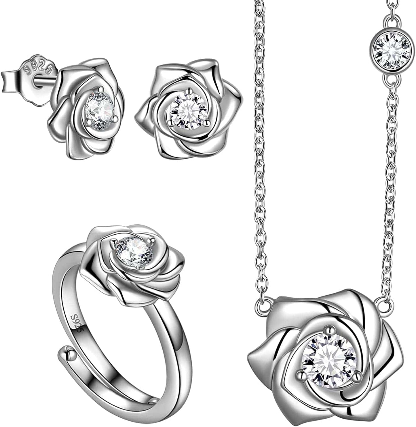 925 Sterling Silver Flower Rose Ring Fine Jewelry Gift for Women Rose Flower Stud Earrings Disney Beauty Rose Necklace Hypoallergenic Stud Elegant Rose Jewelry Gift for Women Girls Birthday Christmas Gift Wedding Bridesmaid Gift K, Earrings Necklace Ring Set Silver