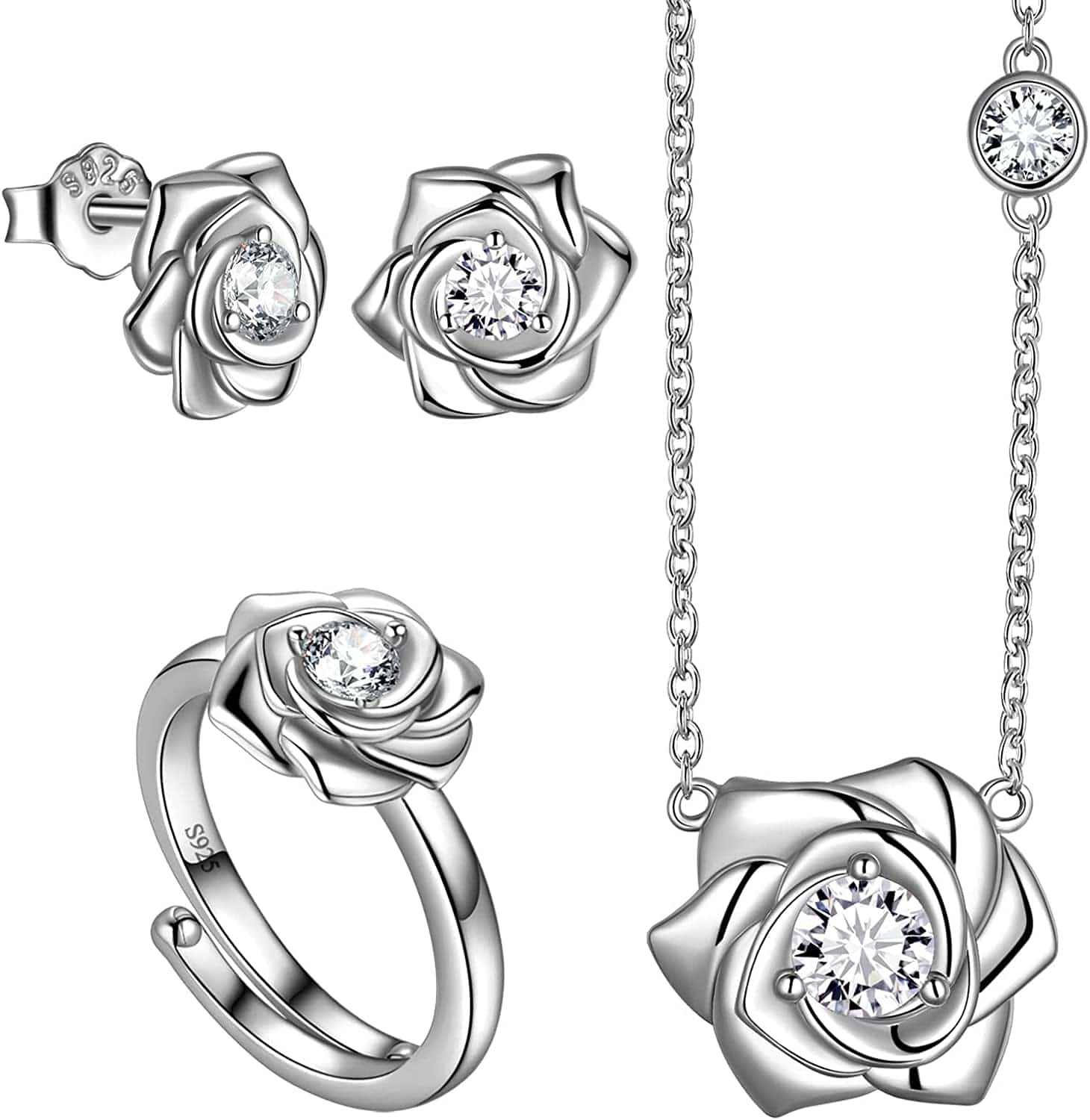 925 Sterling Silver Flower Rose Ring Fine Jewelry Gift for Women Rose Flower Stud Earrings Disney Beauty Rose Necklace Hypoallergenic Stud Elegant Rose Jewelry Gift for Women Girls Birthday Christmas Gift Wedding Bridesmaid Gift K, Earrings Necklace Ring Set Silver