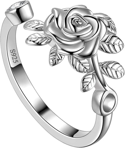 925 Sterling Silver Flower Rose Ring Fine Jewelry Gift for Women Rose Flower Stud Earrings Disney Beauty Rose Necklace Hypoallergenic Stud Elegant Rose Jewelry Gift for Women Girls Birthday Christmas Gift Wedding Bridesmaid Gift G, Rose Ring Silver