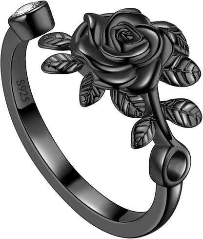 925 Sterling Silver Flower Rose Ring Fine Jewelry Gift for Women Rose Flower Stud Earrings Disney Beauty Rose Necklace Hypoallergenic Stud Elegant Rose Jewelry Gift for Women Girls Birthday Christmas Gift Wedding Bridesmaid Gift H, Rose Ring Black