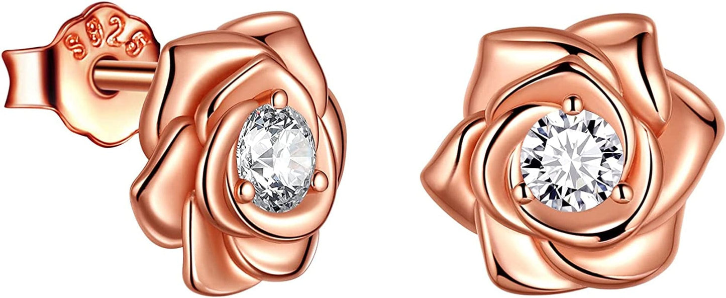 925 Sterling Silver Flower Rose Ring Fine Jewelry Gift for Women Rose Flower Stud Earrings Disney Beauty Rose Necklace Hypoallergenic Stud Elegant Rose Jewelry Gift for Women Girls Birthday Christmas Gift Wedding Bridesmaid Gift D, Rose Stud Rose Gold