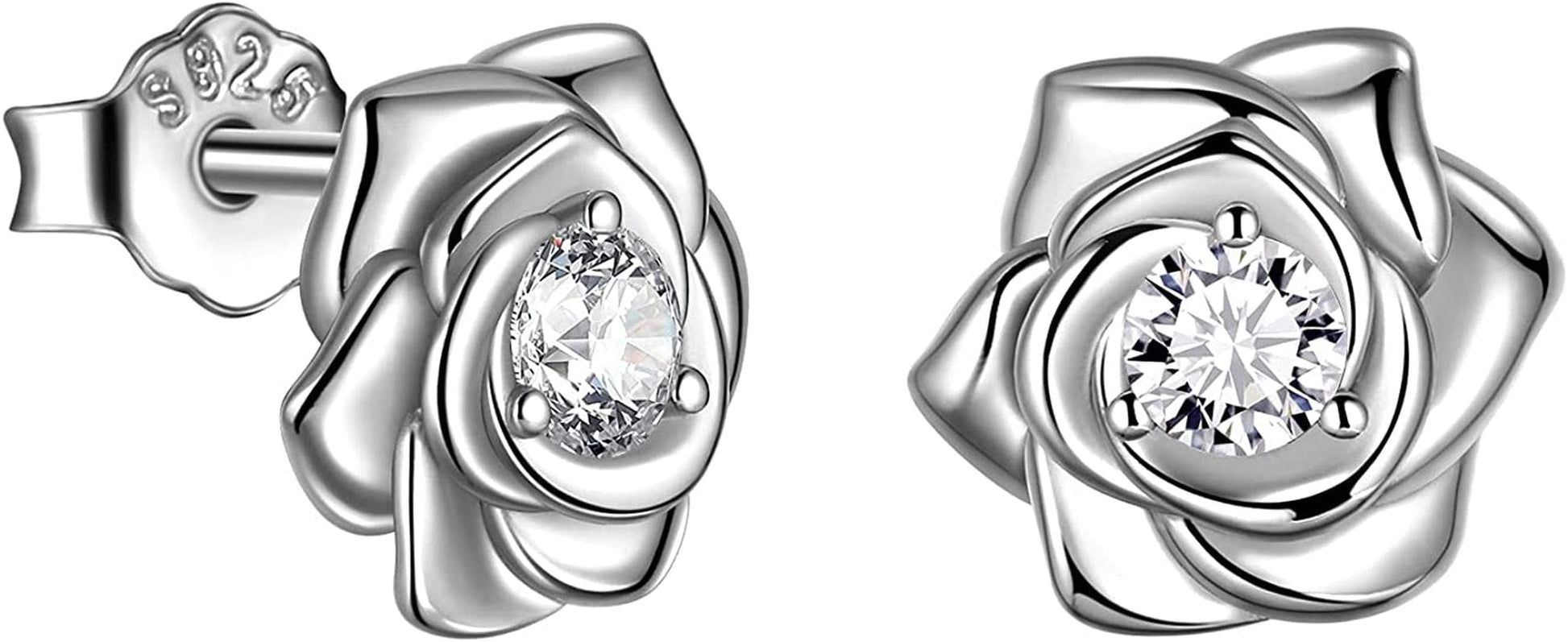 925 Sterling Silver Flower Rose Ring Fine Jewelry Gift for Women Rose Flower Stud Earrings Disney Beauty Rose Necklace Hypoallergenic Stud Elegant Rose Jewelry Gift for Women Girls Birthday Christmas Gift Wedding Bridesmaid Gift C, Rose Stud Silver