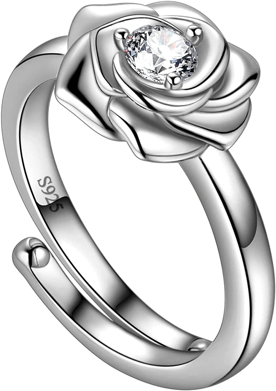 925 Sterling Silver Flower Rose Ring Fine Jewelry Gift for Women Rose Flower Stud Earrings Disney Beauty Rose Necklace Hypoallergenic Stud Elegant Rose Jewelry Gift for Women Girls Birthday Christmas Gift Wedding Bridesmaid Gift A, Rose Ring Silver