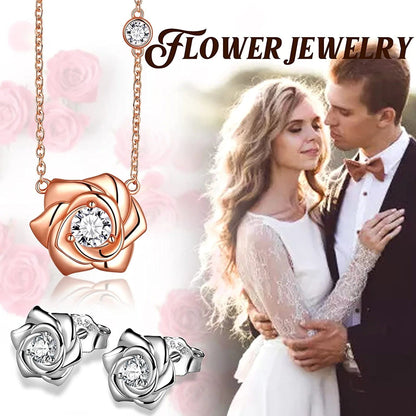 925 Sterling Silver Flower Rose Ring Fine Jewelry Gift for Women Rose Flower Stud Earrings Disney Beauty Rose Necklace Hypoallergenic Stud Elegant Rose Jewelry Gift for Women Girls Birthday Christmas Gift Wedding Bridesmaid Gift