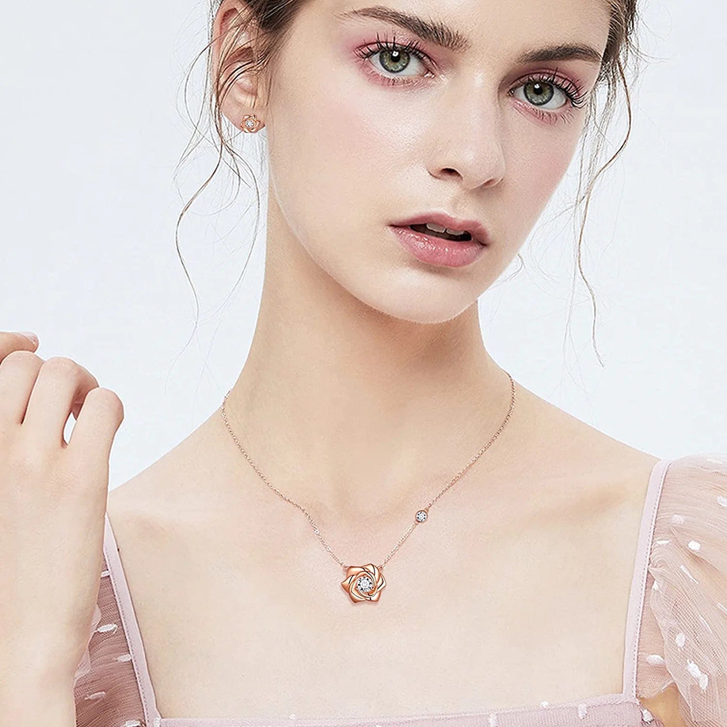 925 Sterling Silver Flower Rose Ring Fine Jewelry Gift for Women Rose Flower Stud Earrings Disney Beauty Rose Necklace Hypoallergenic Stud Elegant Rose Jewelry Gift for Women Girls Birthday Christmas Gift Wedding Bridesmaid Gift