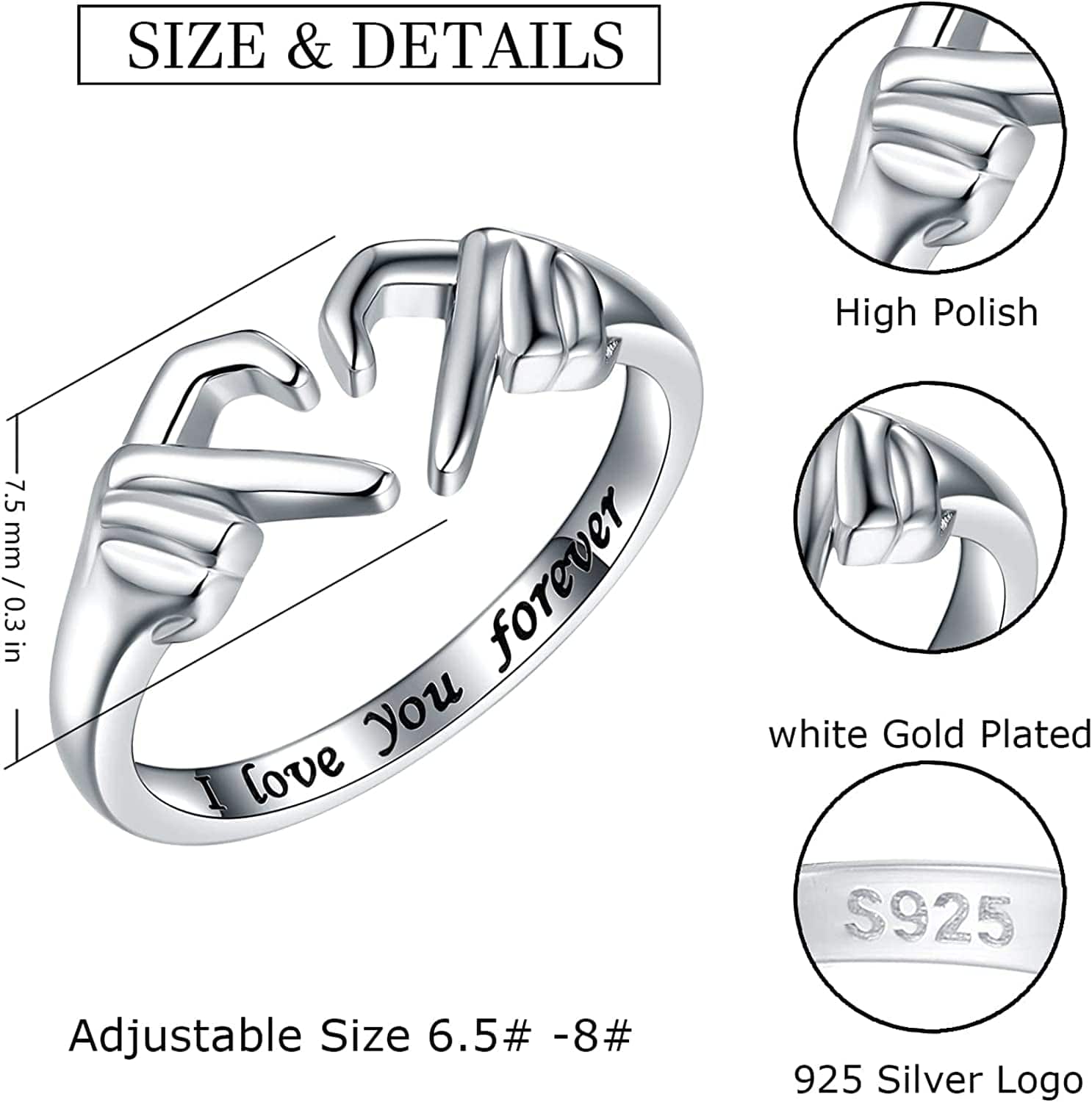 925-Sterling-Silver Heart Claddagh Rings for Women - Adjustable White/18K/Rose Gold Plated Irish Claddagh Ring Friendship Promise Love Heart Jewelry Rings Christmas Gifts for Women Friends Teen Girls (White Gold Plated)