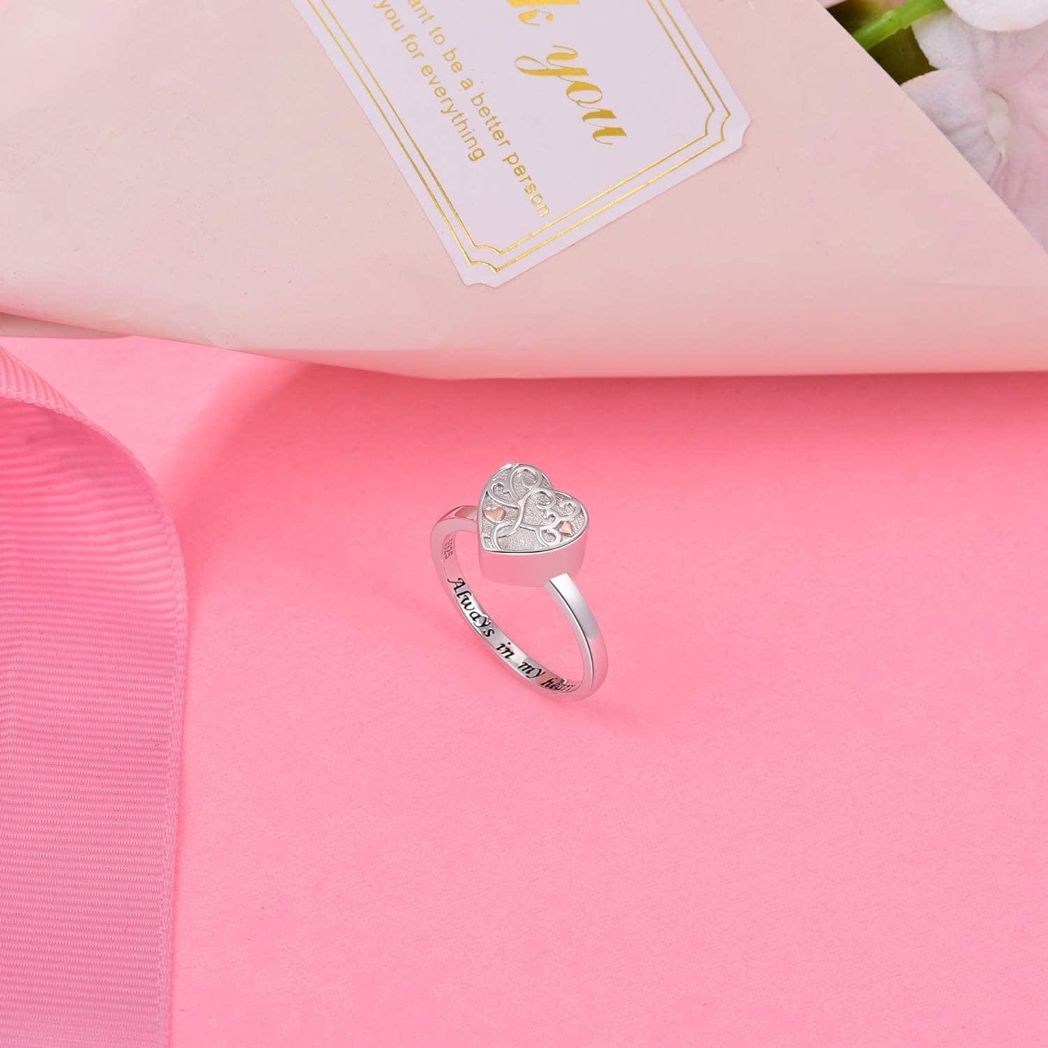 925 Sterling Silver Heart Tree of Life Flower Cremation Urn Ring for Ashes for Women Hold Loved Ones Finger Ring Memorial Keepsake Jewelry