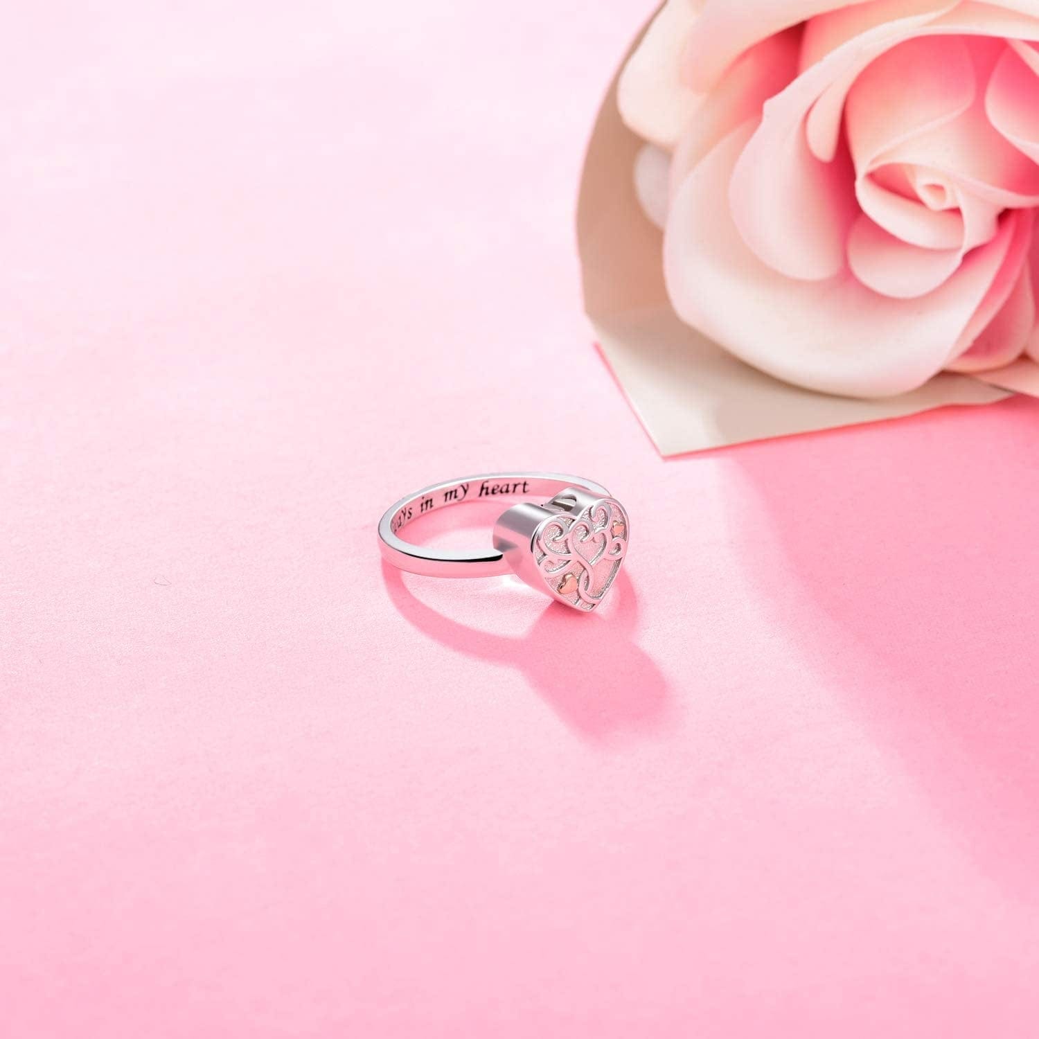 925 Sterling Silver Heart Tree of Life Flower Cremation Urn Ring for Ashes for Women Hold Loved Ones Finger Ring Memorial Keepsake Jewelry