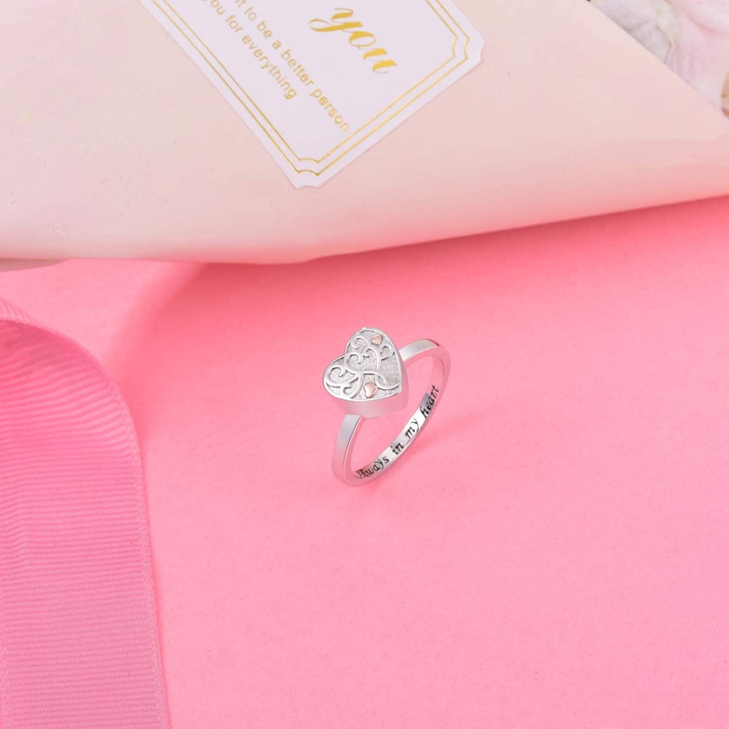 925 Sterling Silver Heart Tree of Life Flower Cremation Urn Ring for Ashes for Women Hold Loved Ones Finger Ring Memorial Keepsake Jewelry