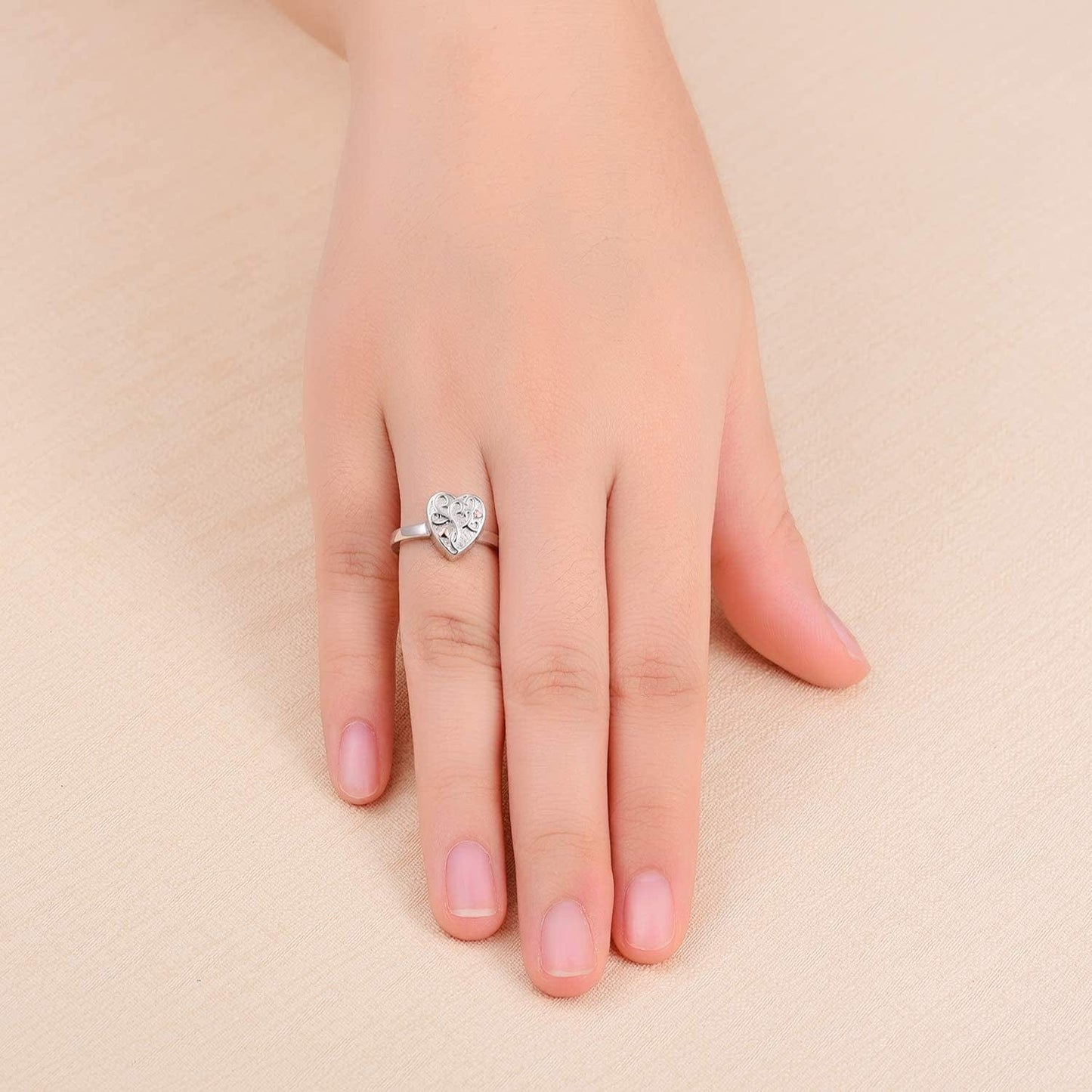 925 Sterling Silver Heart Tree of Life Flower Cremation Urn Ring for Ashes for Women Hold Loved Ones Finger Ring Memorial Keepsake Jewelry