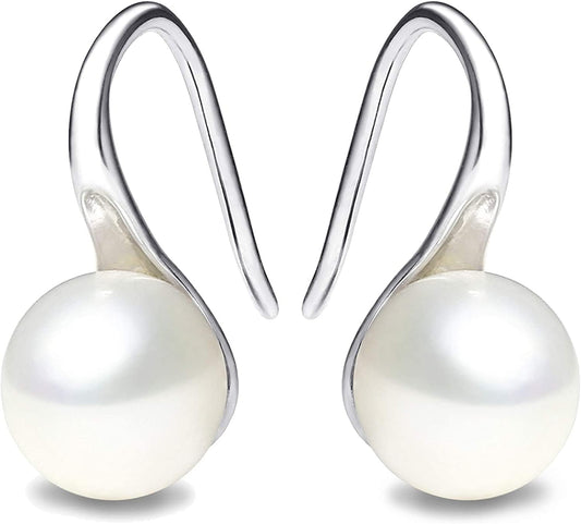 925 Sterling Silver Hoop Handpicked AAA+ Quality 7.5-8Mm White Freshwater Cultured Pearl Dangle Drop Earrings Jewelry for Women Girls Apparel & Accessories > Jewelry > Earrings PEARLADA 1. Silver  