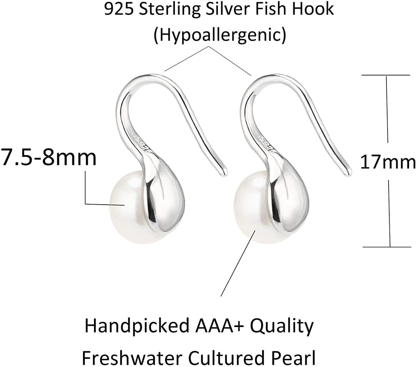 925 Sterling Silver Hoop Handpicked AAA+ Quality 7.5-8Mm White Freshwater Cultured Pearl Dangle Drop Earrings Jewelry for Women Girls Apparel & Accessories > Jewelry > Earrings PEARLADA   