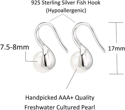 925 Sterling Silver Hoop Handpicked AAA+ Quality 7.5-8Mm White Freshwater Cultured Pearl Dangle Drop Earrings Jewelry for Women Girls Apparel & Accessories > Jewelry > Earrings PEARLADA   
