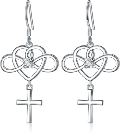 925 Sterling Silver Infinity Love of God Simple Dainty Faith Cross Dangle Earrings Religious Gift for Women Girls Infinity Heart