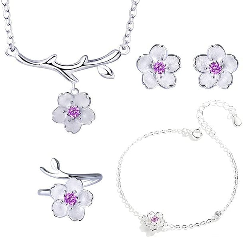 925 Sterling Silver Jewelry Sets Romantic Cherry Blossoms Flower Necklace+Earrings+Ring+Bracelet for Women Gift Pink Set Purple 4pcs Set