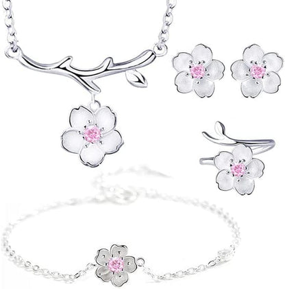 925 Sterling Silver Jewelry Sets Romantic Cherry Blossoms Flower Necklace+Earrings+Ring+Bracelet for Women Gift Pink Set Pink 4pcs Set