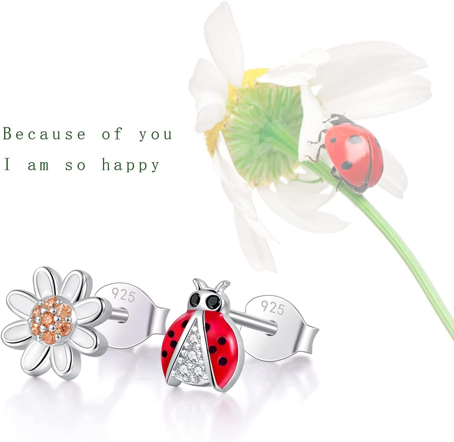 925 Sterling Silver Ladybug Daisy Leaves Necklace Earrings Rings Pendant Anklet Jewelry Set