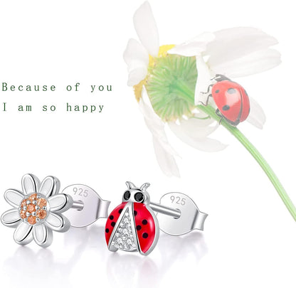 925 Sterling Silver Ladybug Daisy Leaves Necklace Earrings Rings Pendant Anklet Jewelry Set