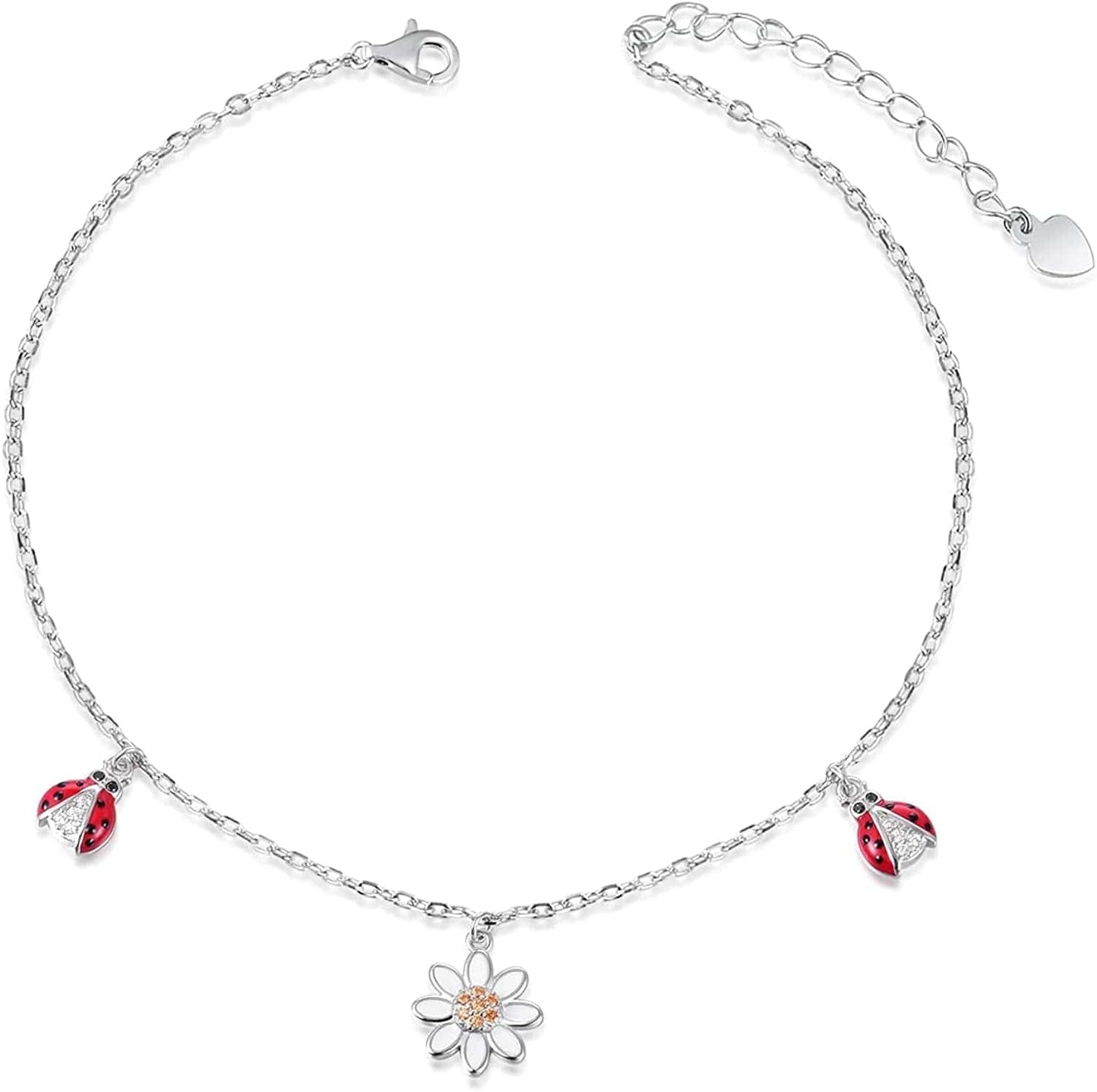 925 Sterling Silver Ladybug Daisy Leaves Necklace Earrings Rings Pendant Anklet Jewelry Set Apparel & Accessories > Jewelry > Anklets oGoodsunj Ladybug Daisy Anklet  