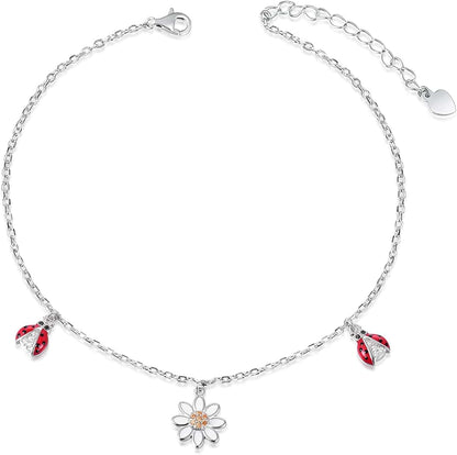 925 Sterling Silver Ladybug Daisy Leaves Necklace Earrings Rings Pendant Anklet Jewelry Set Apparel & Accessories > Jewelry > Anklets oGoodsunj Ladybug Daisy Anklet  